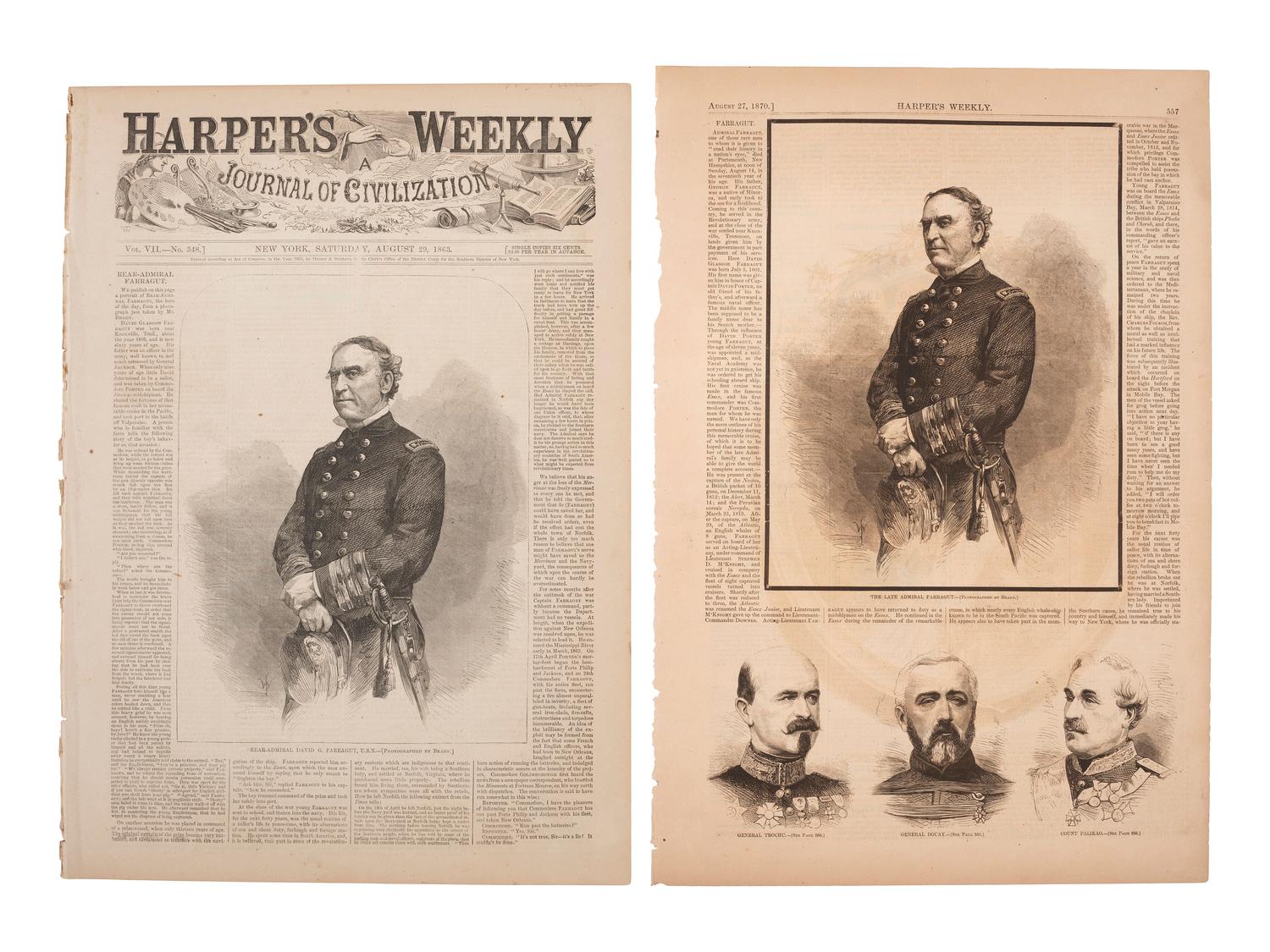 [CIVIL WAR] 3 photographs of D.G. Farragut with Harper's Weekly issues related to the famed admiral.
