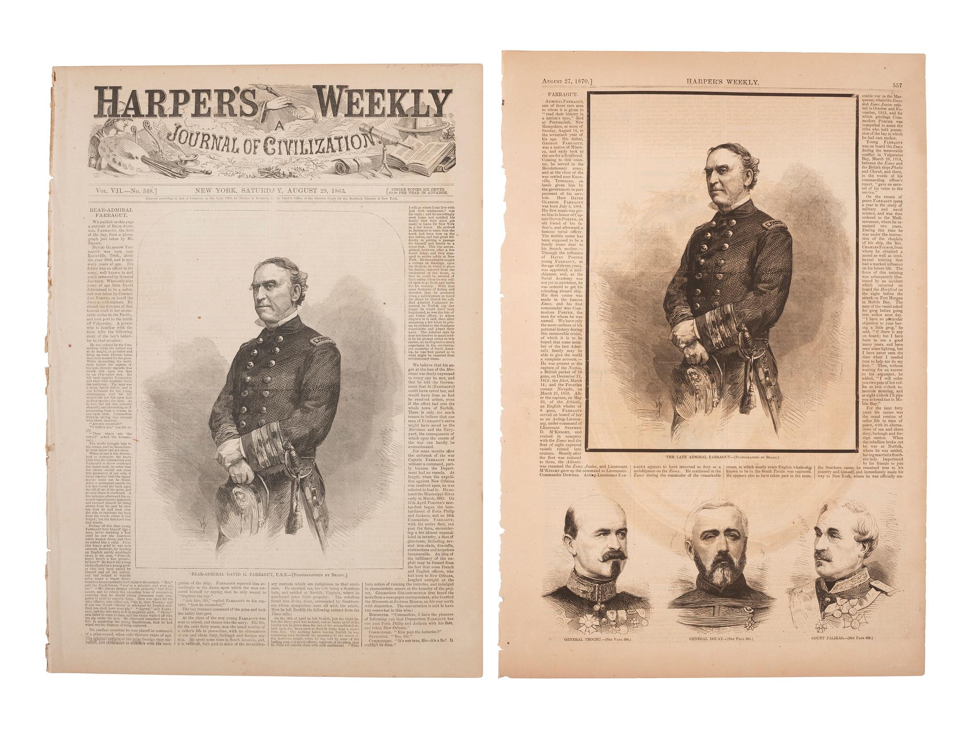 [CIVIL WAR] 3 photographs of D.G. Farragut with Harper's Weekly issues related to the famed admiral.