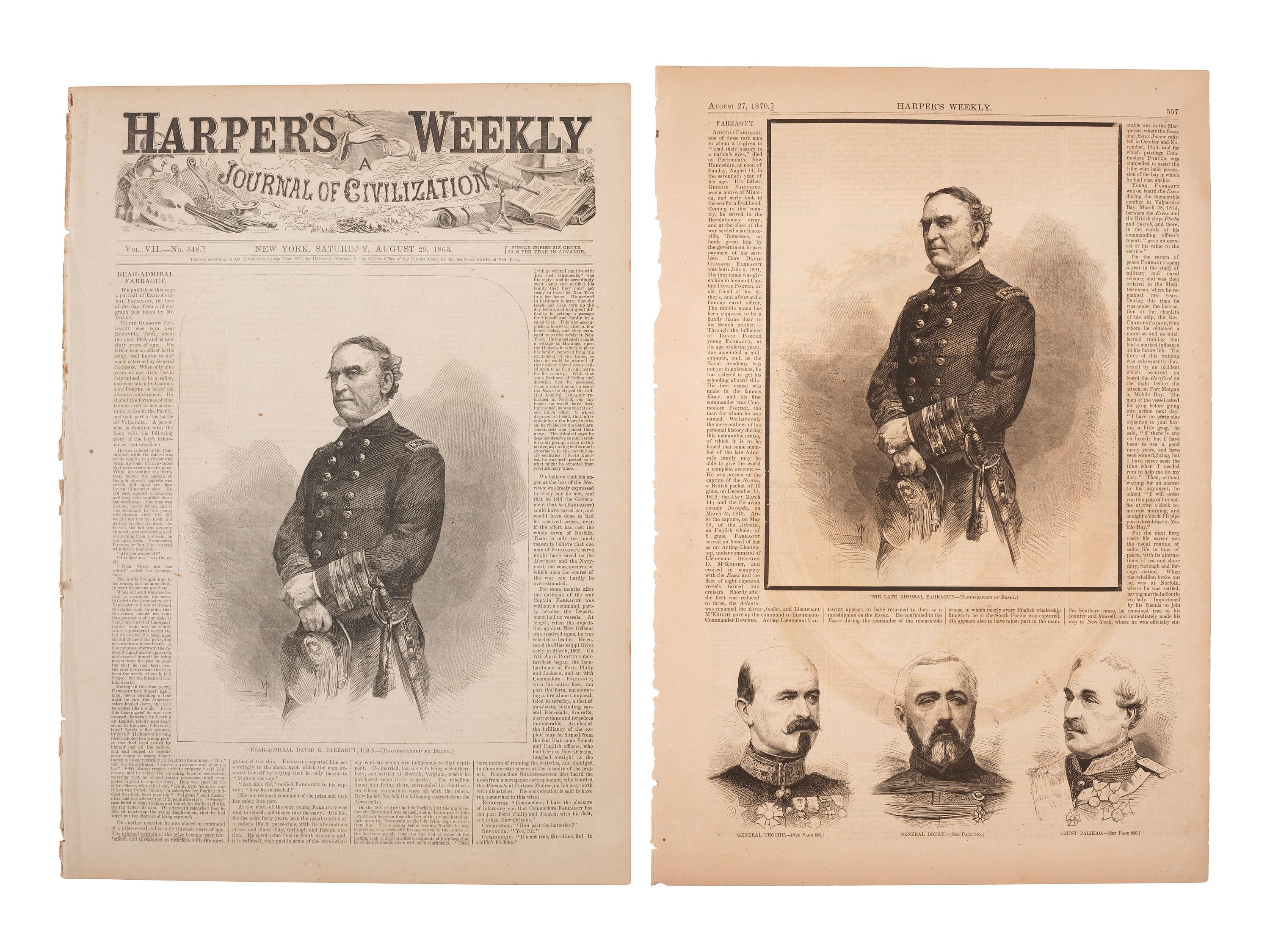 [CIVIL WAR] 3 photographs of D.G. Farragut with Harper's Weekly issues related to the famed admiral.