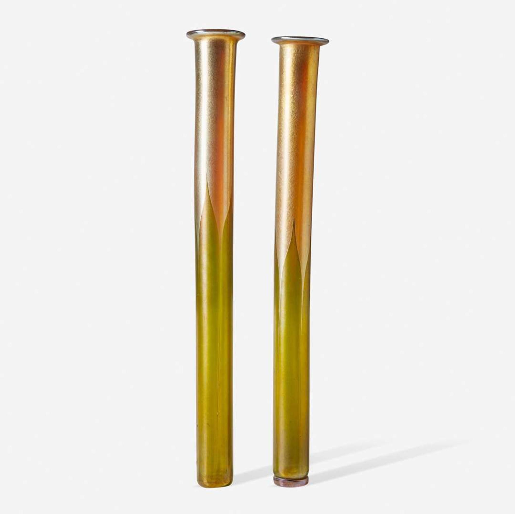 Tiffany Studios (American, active 1878-1932) A Pair of Tube-Form Favrile Glass Vases, New York, NY, early 20th century