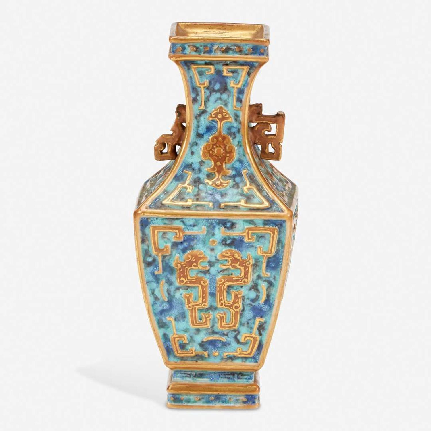 An unusual small Chinese archaistic enameled and gilt porcelain cabinet vase 倣古风格珐琅彩花瓶 Six-character "Da Qing Qianlong yuzhi" seal mark “??????”???