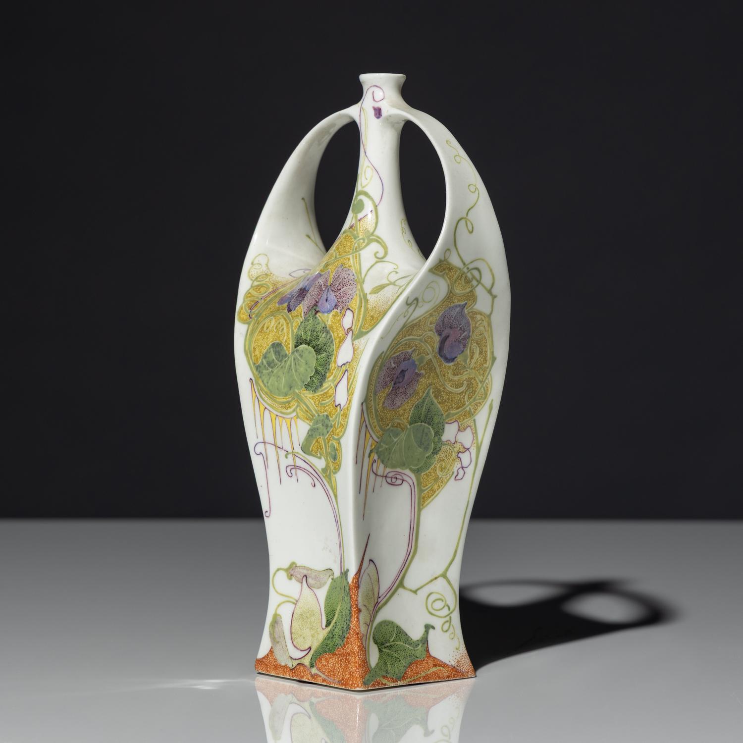 Eggshell porcelain two-handled vase with polychrome bird and floral decor, model 117p