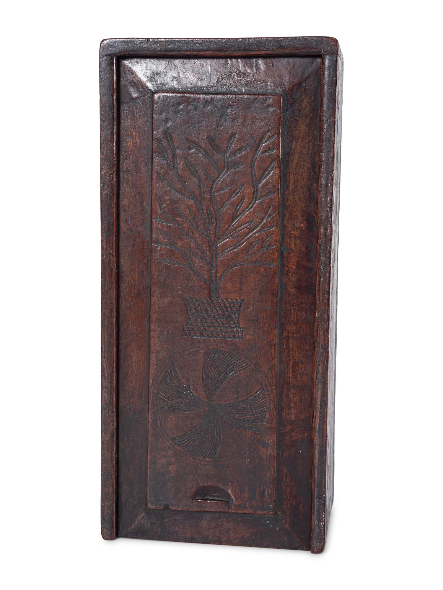 A Thistle Carved Oak Slide-Lid Candle Box