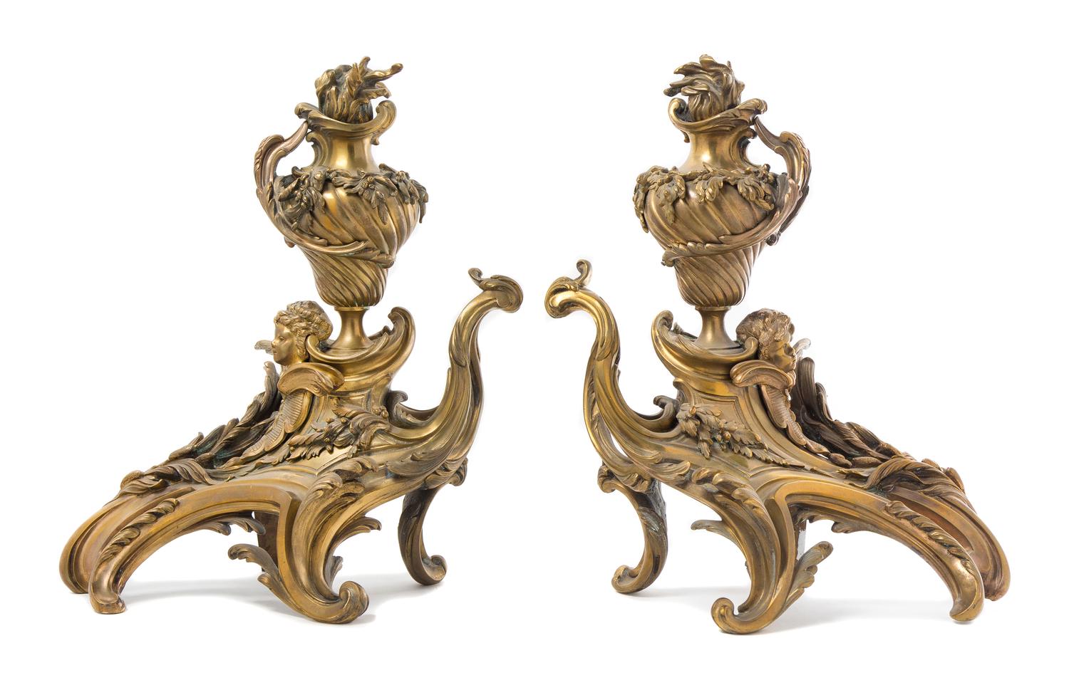 A Pair of Rococo Style Gilt Bronze Chenets — 19TH CENTURY