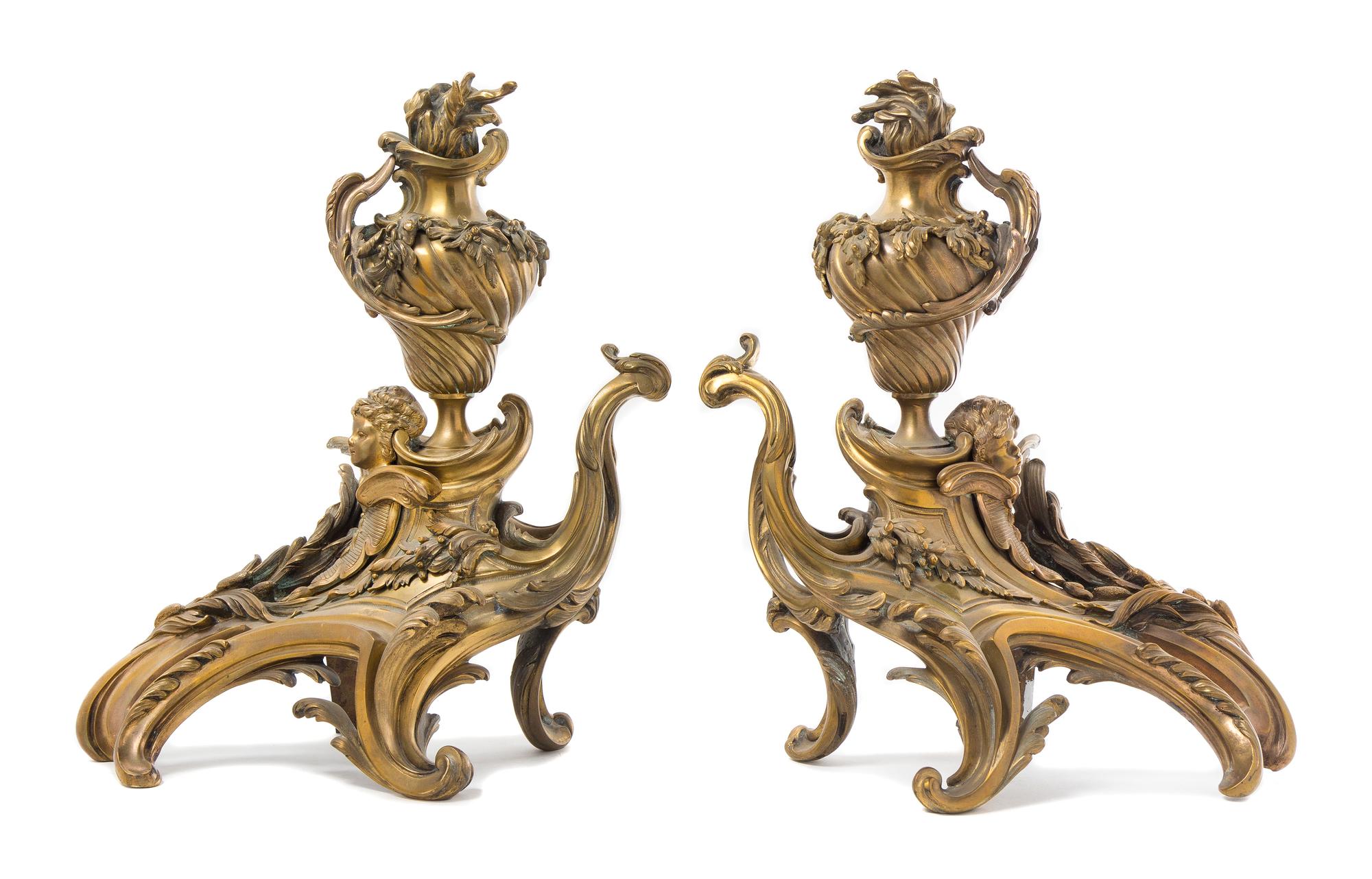 A Pair of Rococo Style Gilt Bronze Chenets — 19TH CENTURY