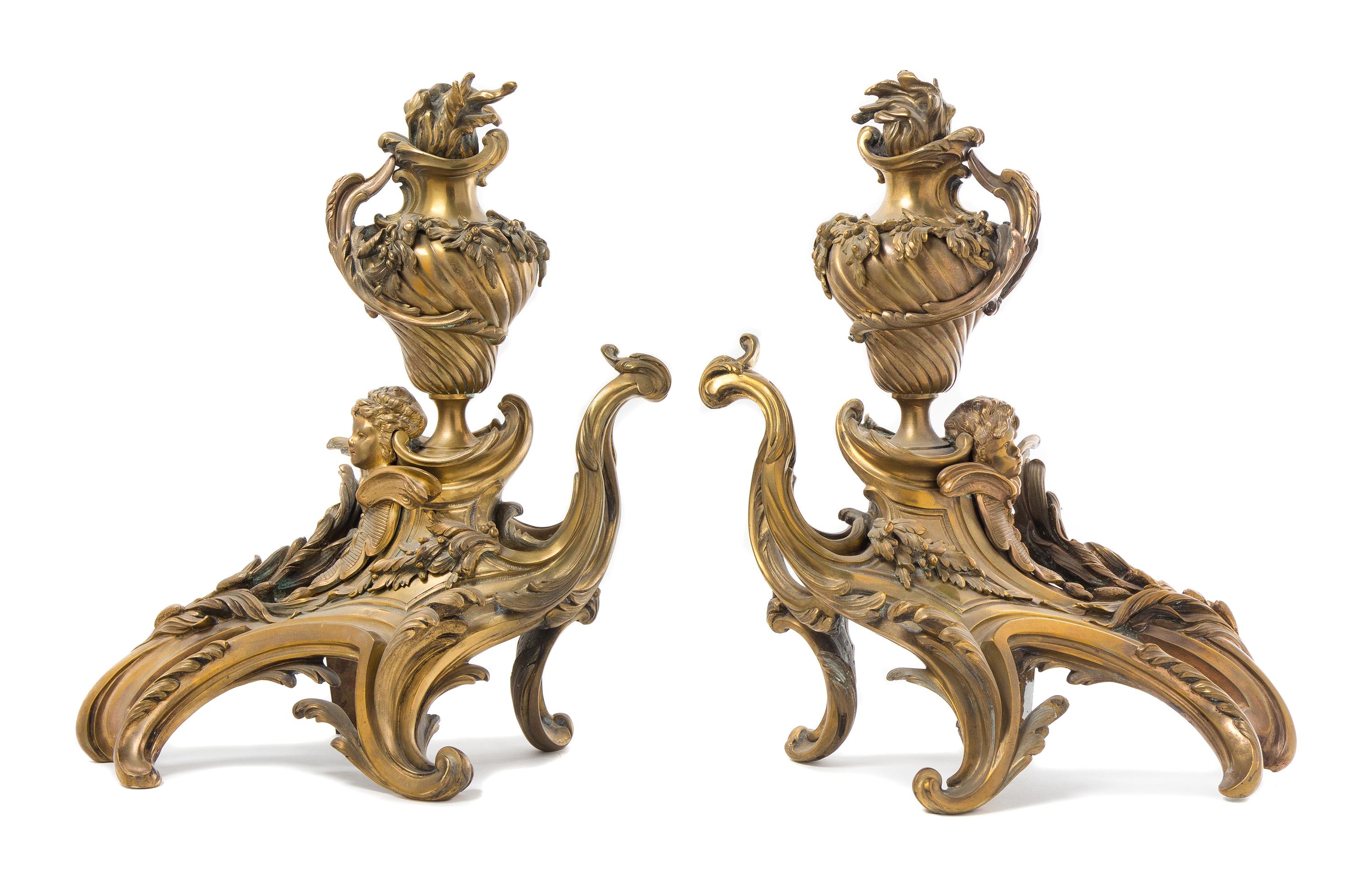 A Pair of Rococo Style Gilt Bronze Chenets — 19TH CENTURY