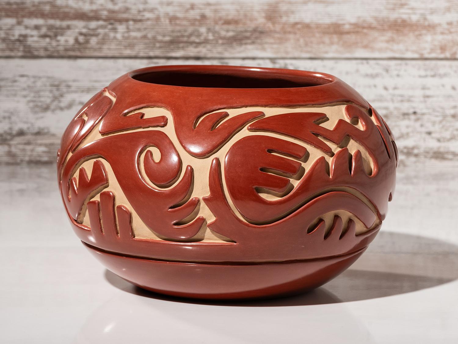 Carved Redware Pottery Jar