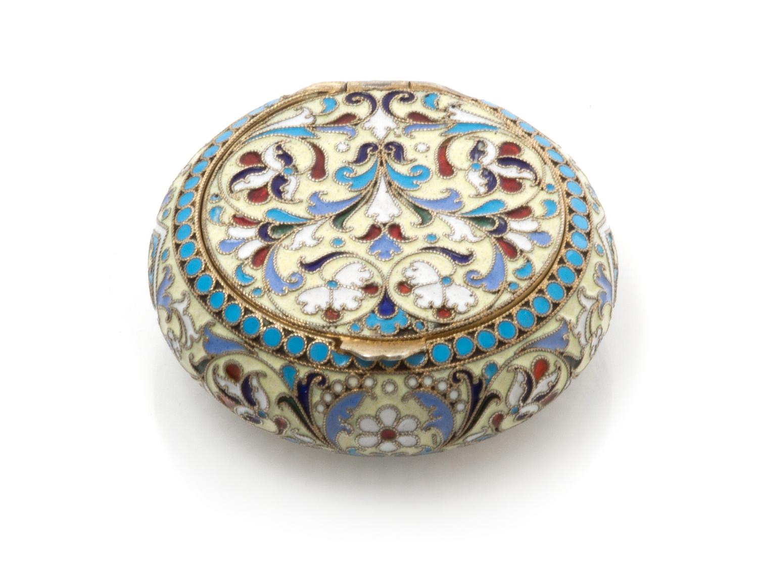 A Russian Enameled Silver Snuff Box, Mark of Vasiili Agafonov, kokoshnik mark of Ivan Lebedkin, Moscow, of circular form, the case havi