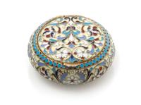 A Russian Enameled Silver Snuff Box, Mark of Vasiili Agafonov, kokoshnik mark of Ivan Lebedkin, Moscow, of circular form, the case havi