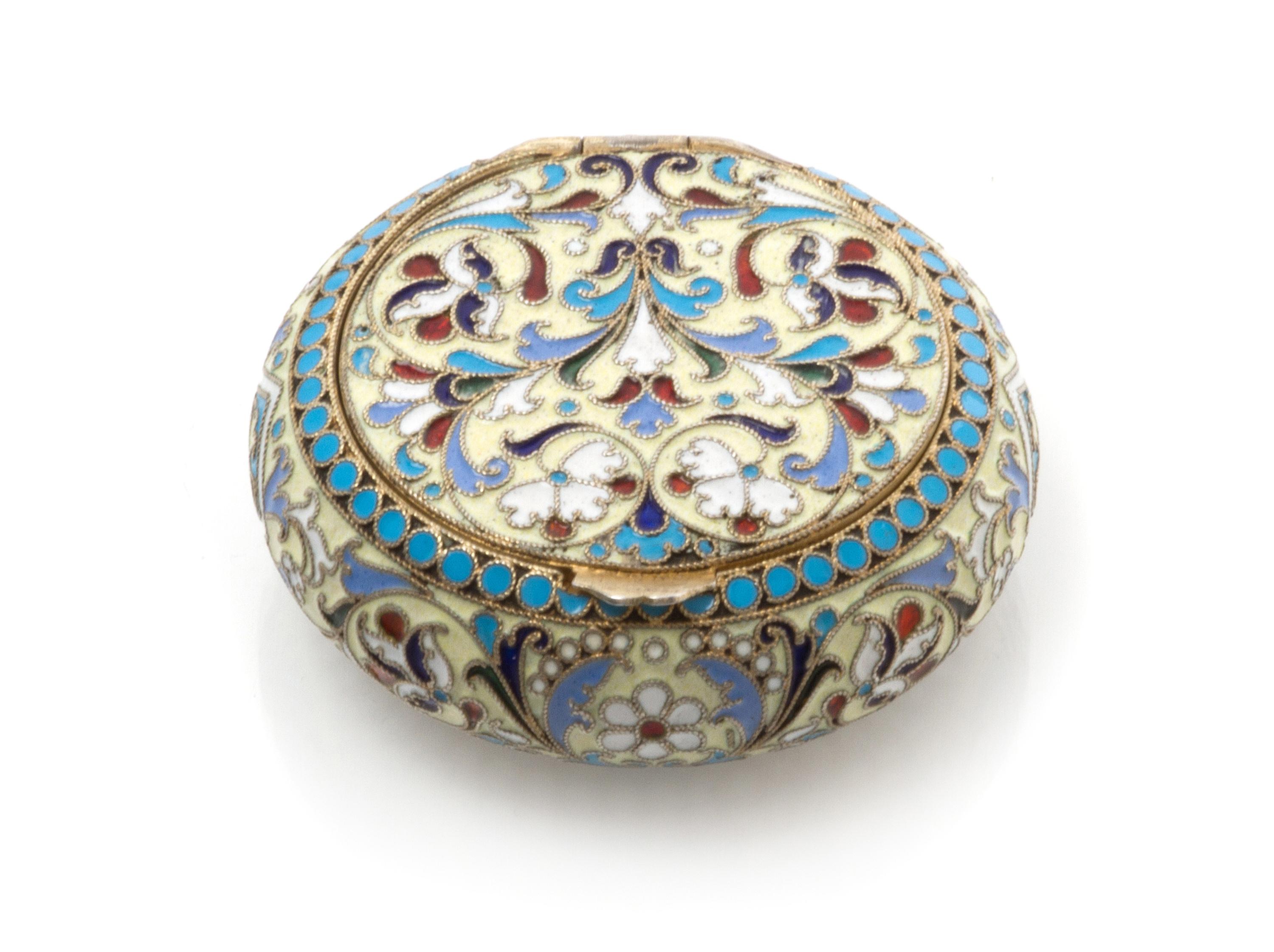 A Russian Enameled Silver Snuff Box, Mark of Vasiili Agafonov, kokoshnik mark of Ivan Lebedkin, Moscow, of circular form, the case havi