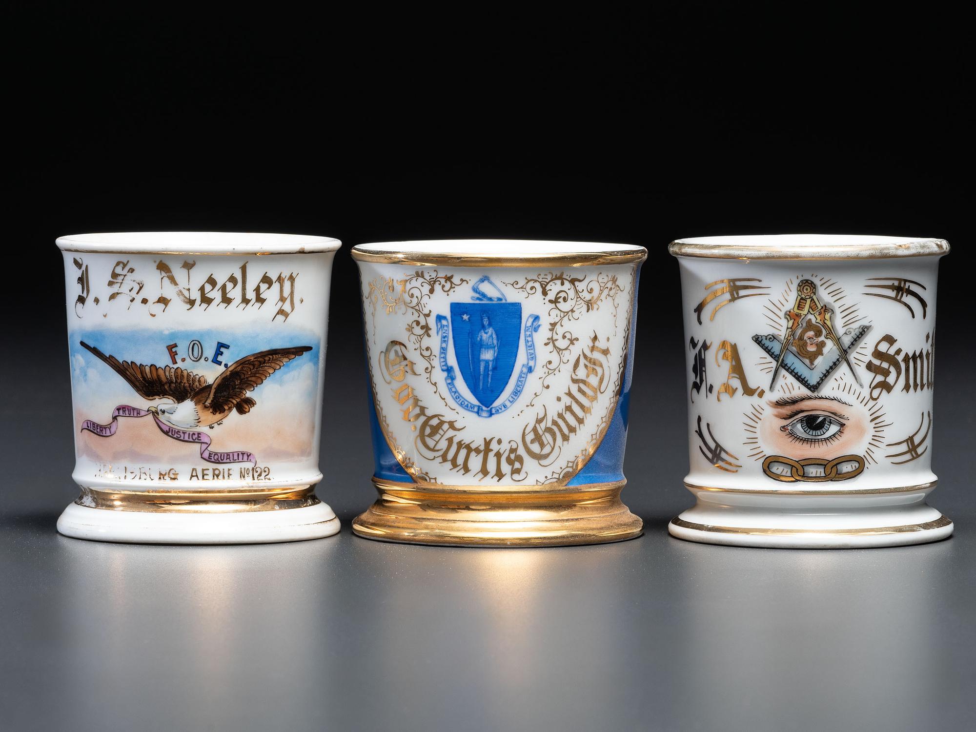 Three Fraternal Porcelain Shaving Mugs