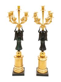 A Pair of Empire Style Gilt and Patinated Bronze Figural Candelabra