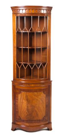 A George III Style Mahogany Corner Cabinet, Height 77 1/2 x width 27 x depth 17 1/4 inches.