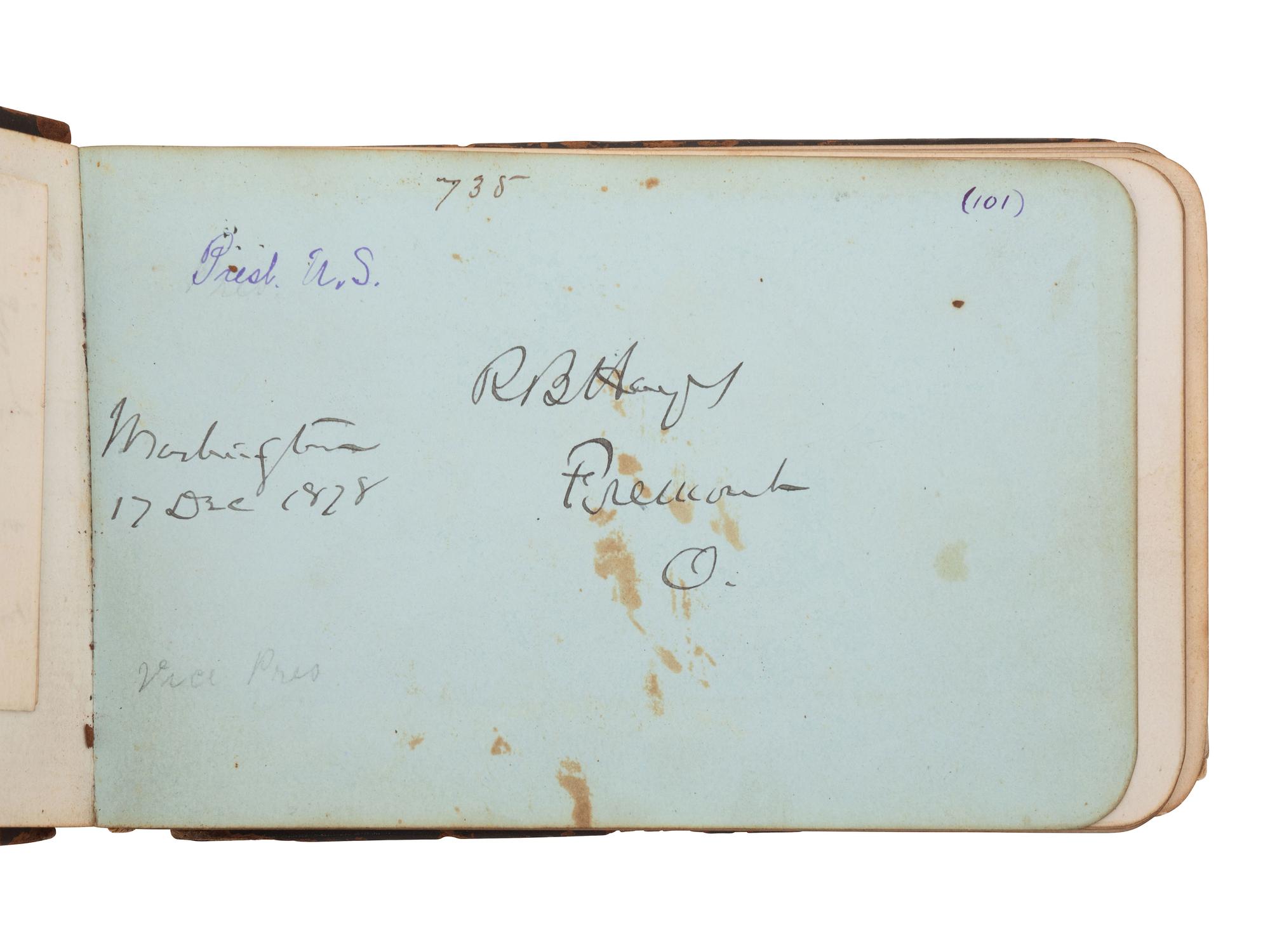 HAYES, Rutherford B. (1822-1893). Autograph book featuring signature of Hayes ("R.B. Hayes"), as President, and members of his cabinet and the 45th US Congress.