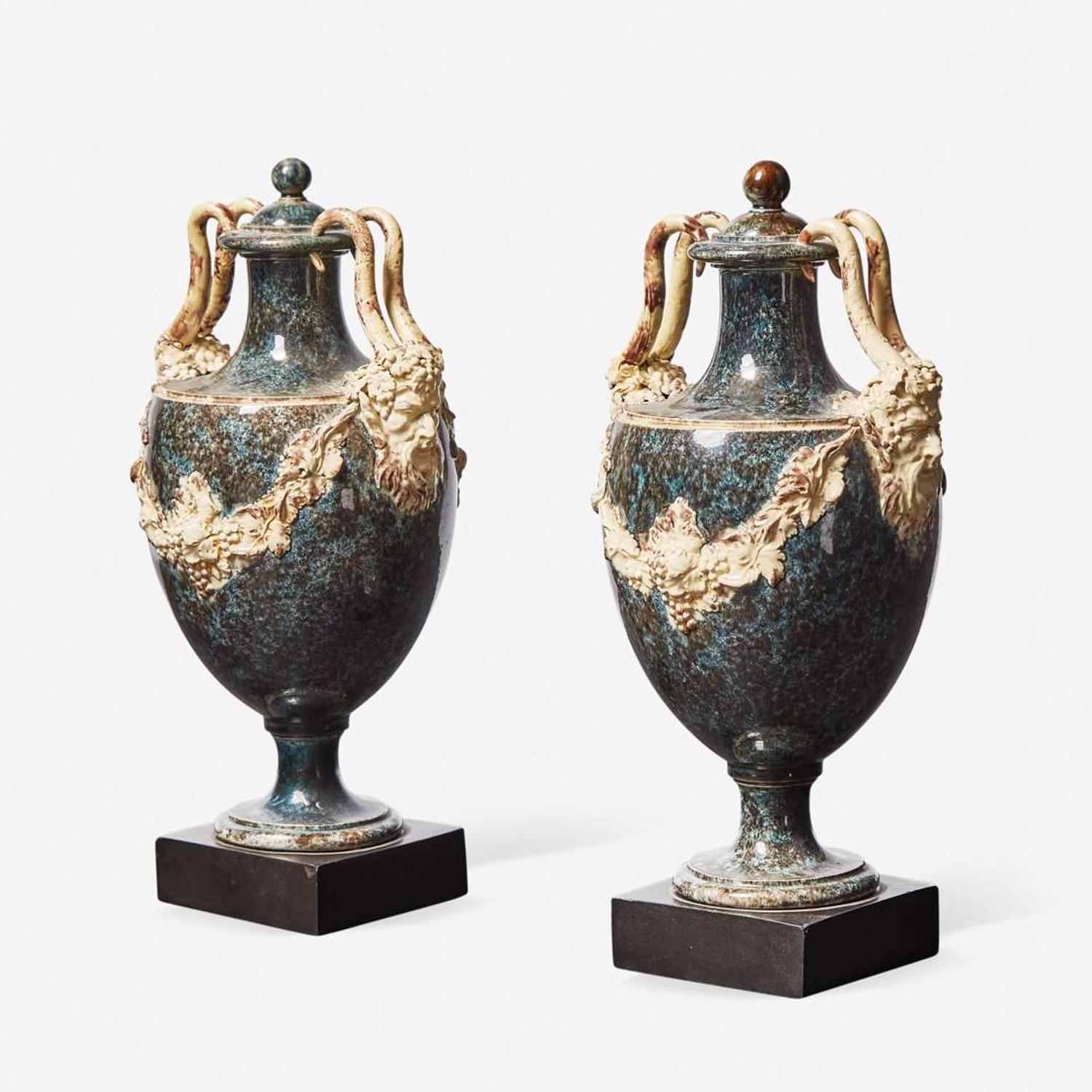 A Pair of Wedgwood & Bentley Variegated Ware Vases and Covers UK, 1770s