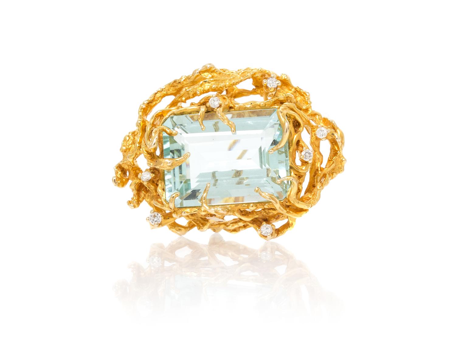 A Yellow Gold, Aquamarine and Diamond Brooch, 19.20 dwts.