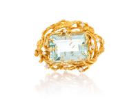 A Yellow Gold, Aquamarine and Diamond Brooch, 19.20 dwts.