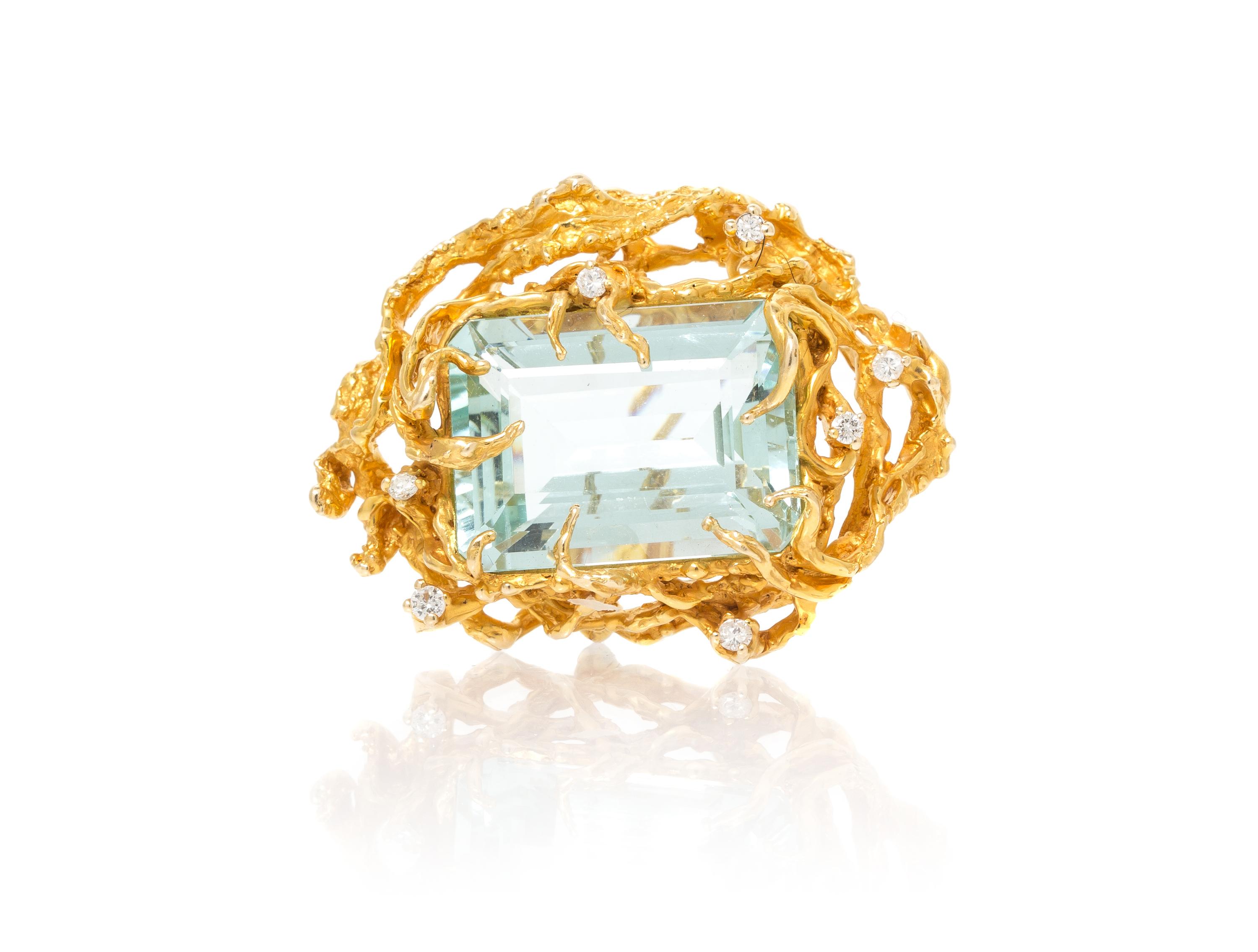 A Yellow Gold, Aquamarine and Diamond Brooch, 19.20 dwts.
