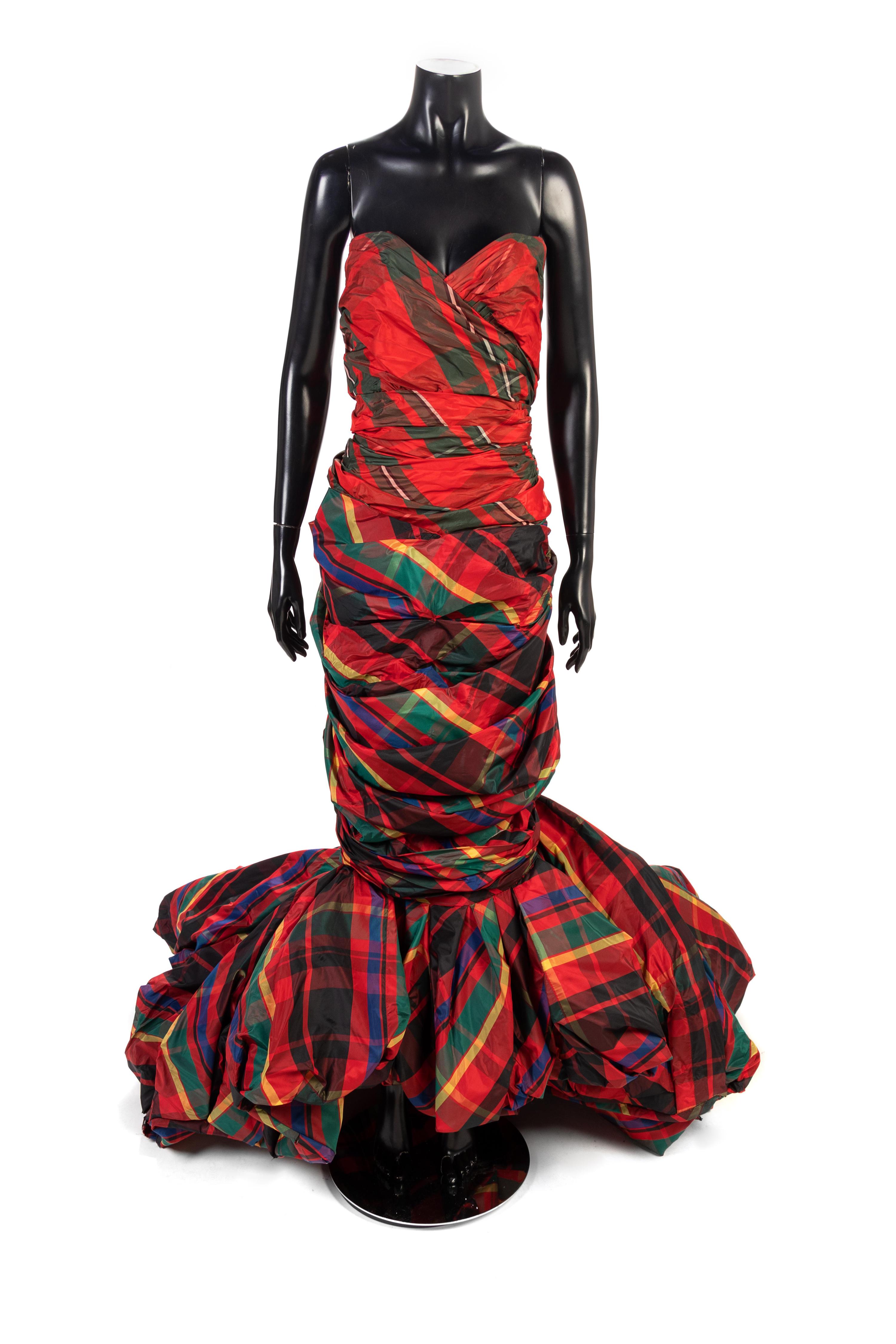 Red Plaid Strapless Haute Couture Evening Dress, 1980-90s