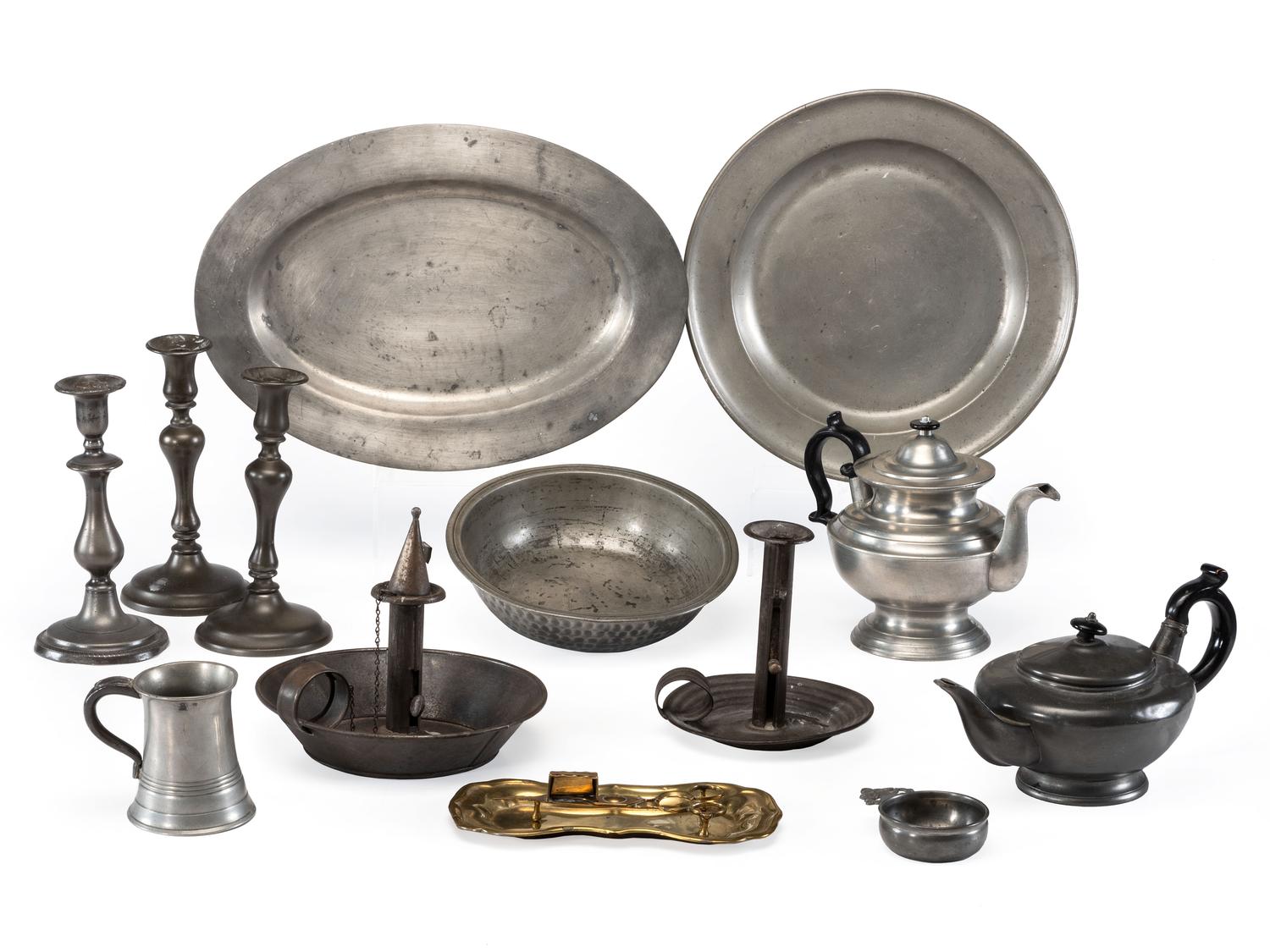 A Group of Pewter, Tin and Brass Articles