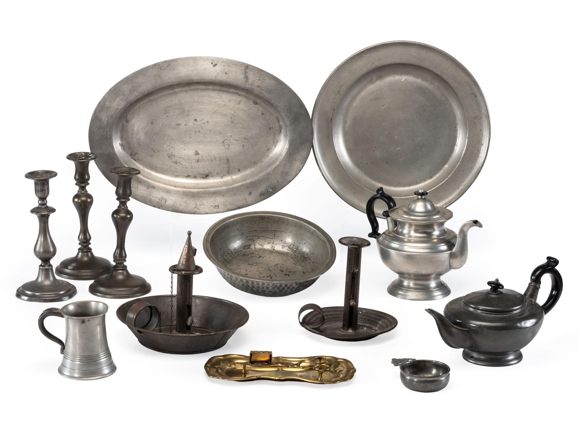 A Group of Pewter, Tin and Brass Articles
