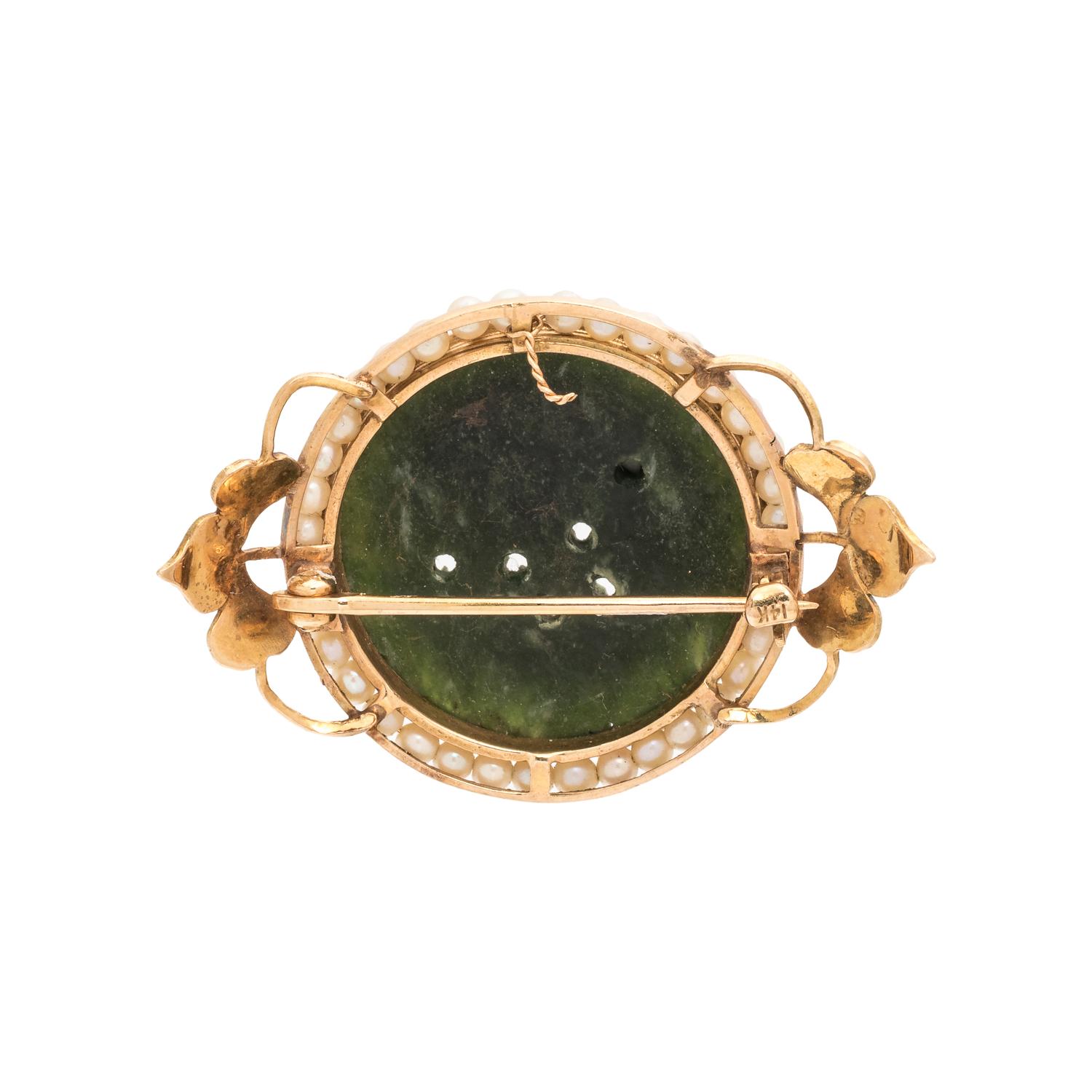 YELLOW GOLD, CARVED JADEITE AND SEED PEARL BROOCH