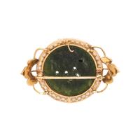 YELLOW GOLD, CARVED JADEITE AND SEED PEARL BROOCH