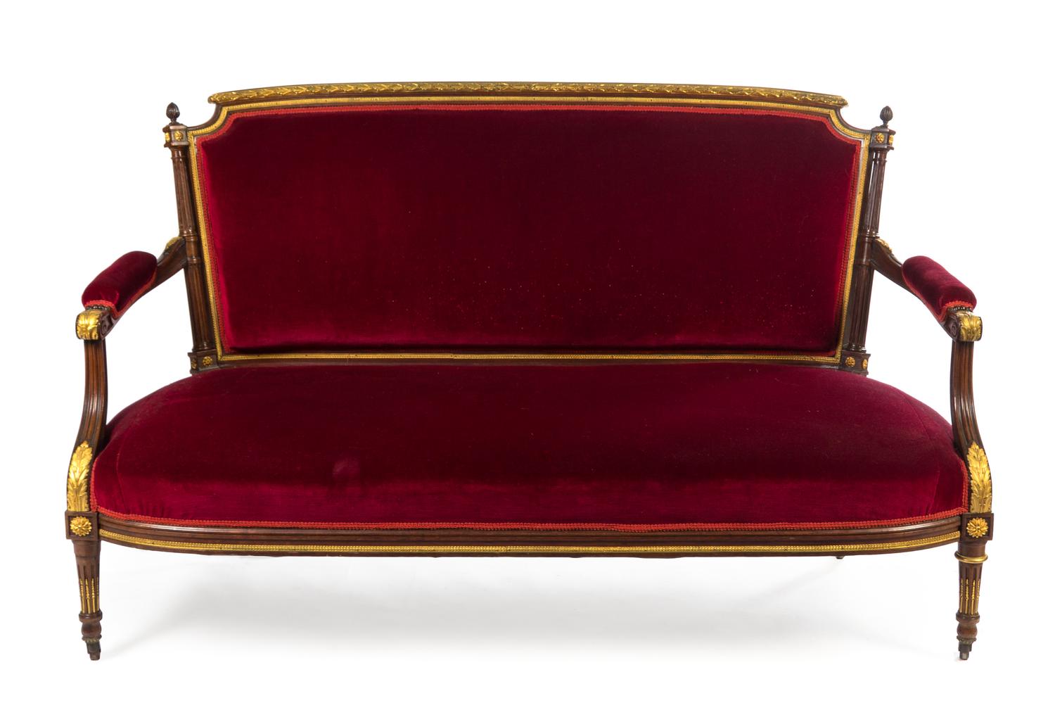 A Louis XVI Style Gilt Bronze Mounted Mahogany Salon Suite Height of settee 38 1/4 x width 63 x depth 31 3/4 inches. — PAUL SORMANI, PARIS, CIRCA 1900