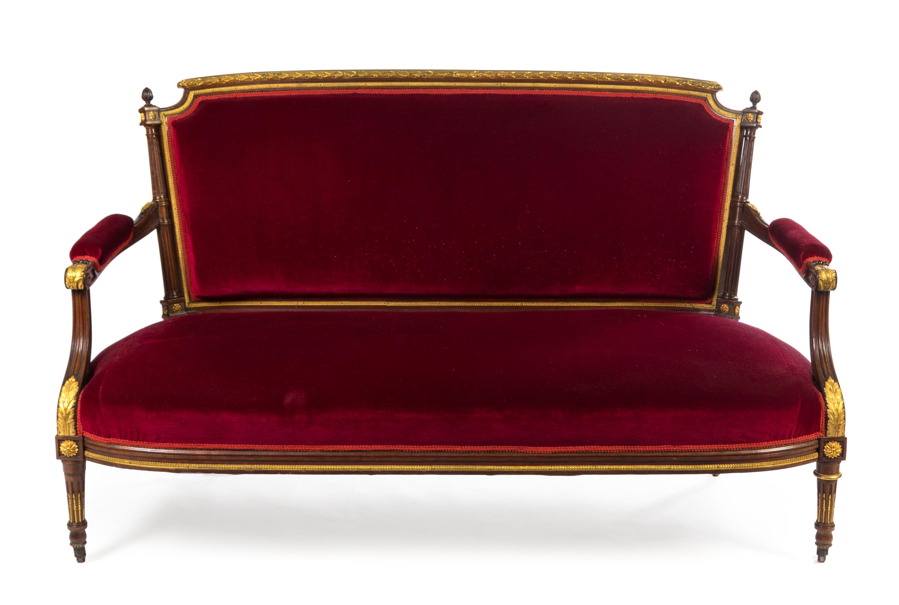 A Louis XVI Style Gilt Bronze Mounted Mahogany Salon Suite Height of settee 38 1/4 x width 63 x depth 31 3/4 inches. — PAUL SORMANI, PARIS, CIRCA 1900