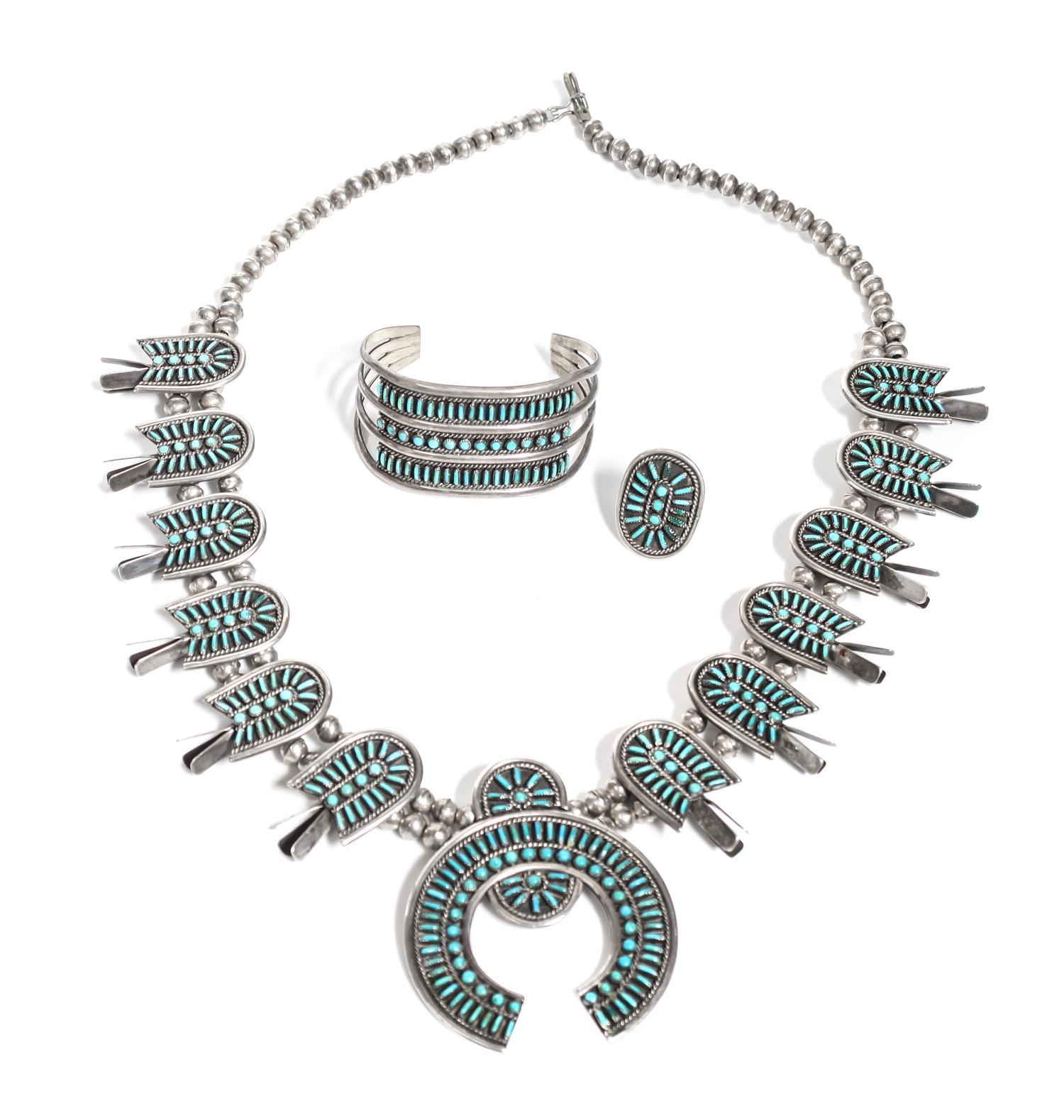 Zuni Needlepoint Squash Blossom Necklace, Bracelet and Ring, Jean Hattie Length of necklace 25 3/4 inches
