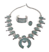 Zuni Needlepoint Squash Blossom Necklace, Bracelet and Ring, Jean Hattie Length of necklace 25 3/4 inches