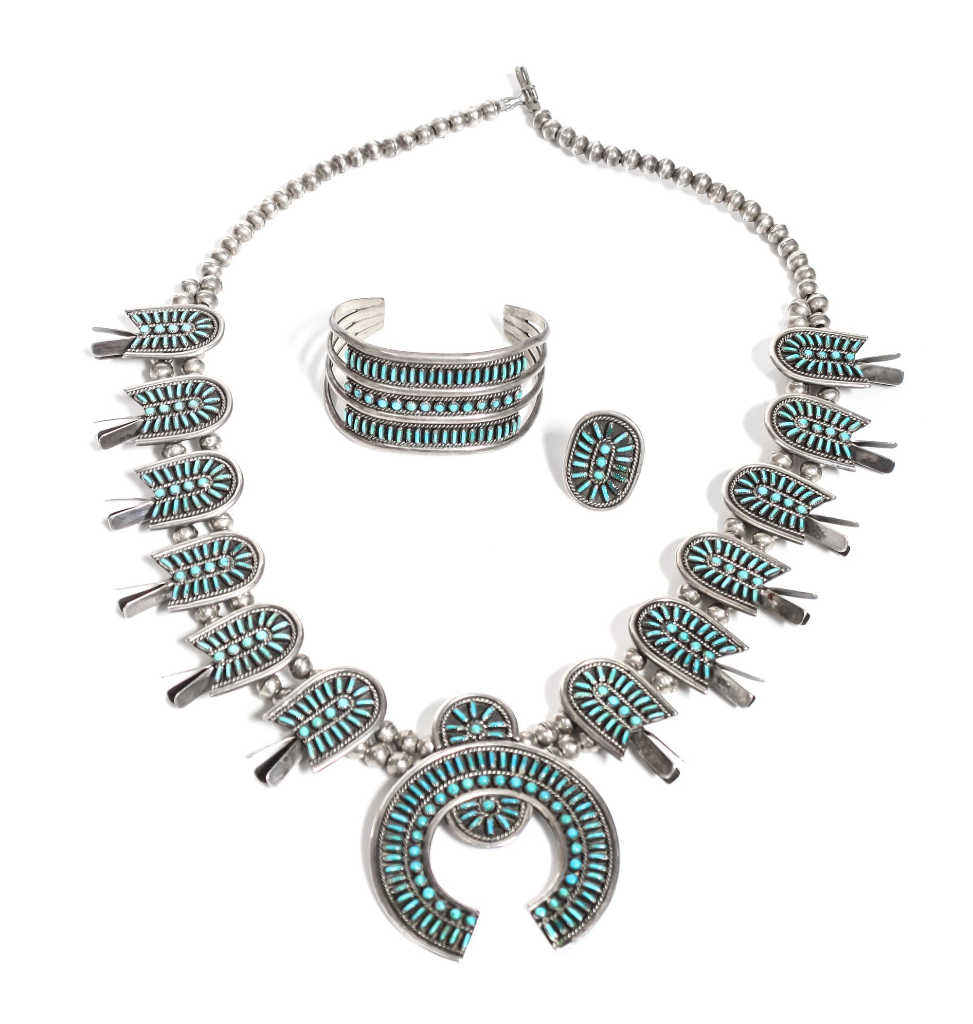 Zuni Needlepoint Squash Blossom Necklace, Bracelet and Ring, Jean Hattie Length of necklace 25 3/4 inches
