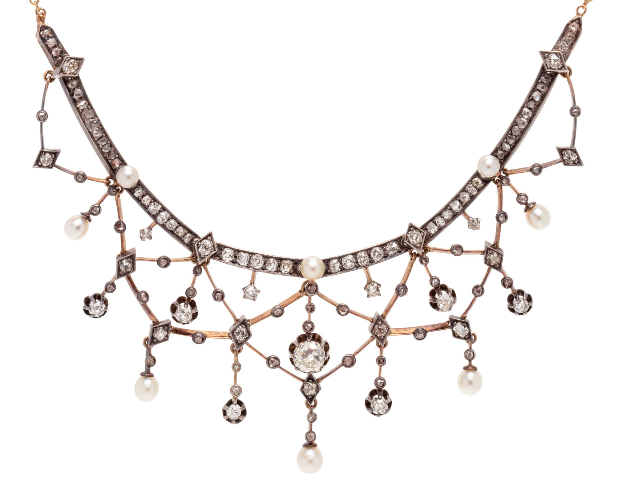 ANTIQUE, DIAMOND AND PEARL NECKLACE