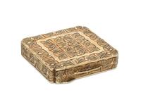 A 14 Karat Yellow Gold Compact, 20th Century, of square form with notched corners and mirrored interior.