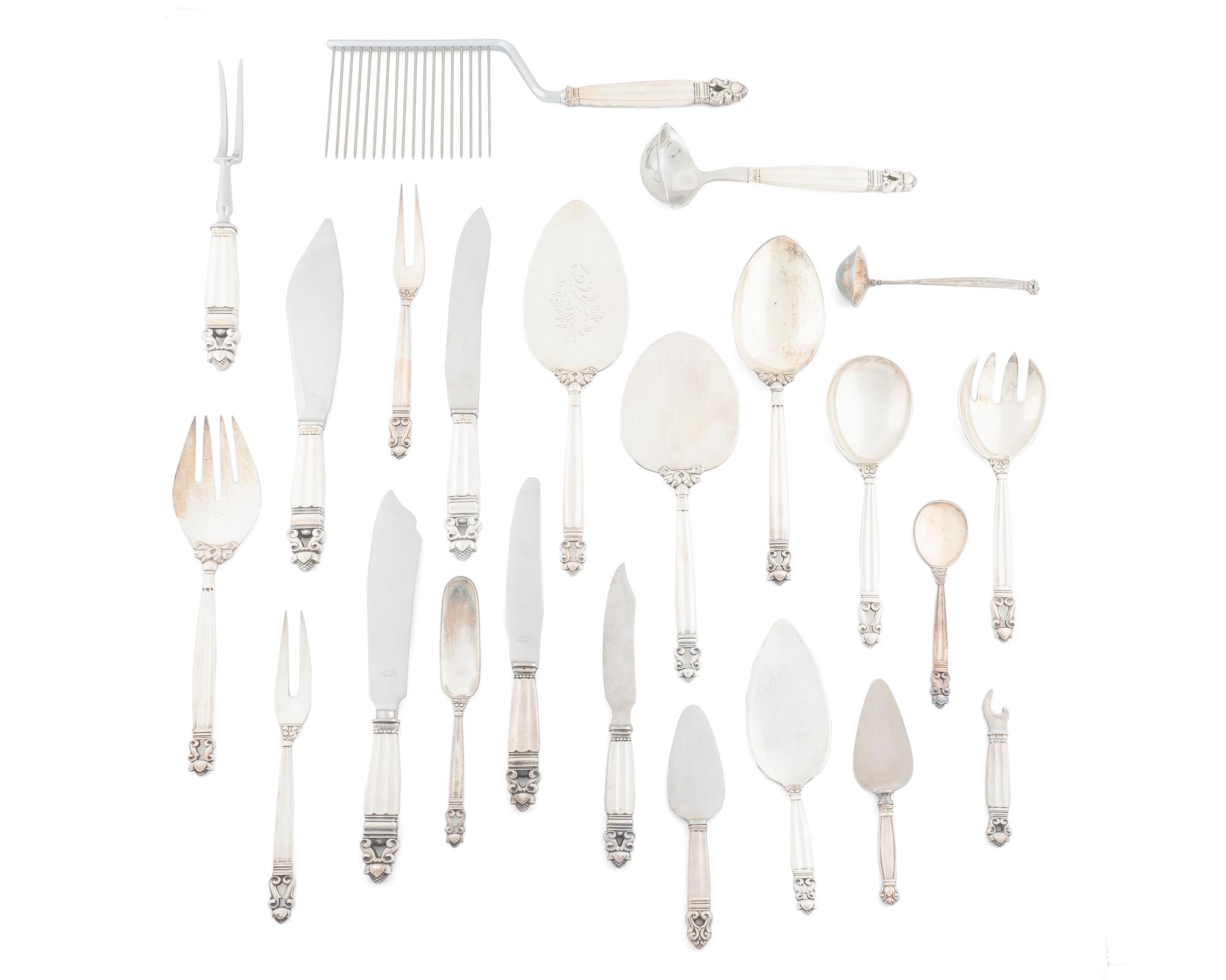 A Georg Jensen Acorn Pattern Assembled Silver Flatware Service