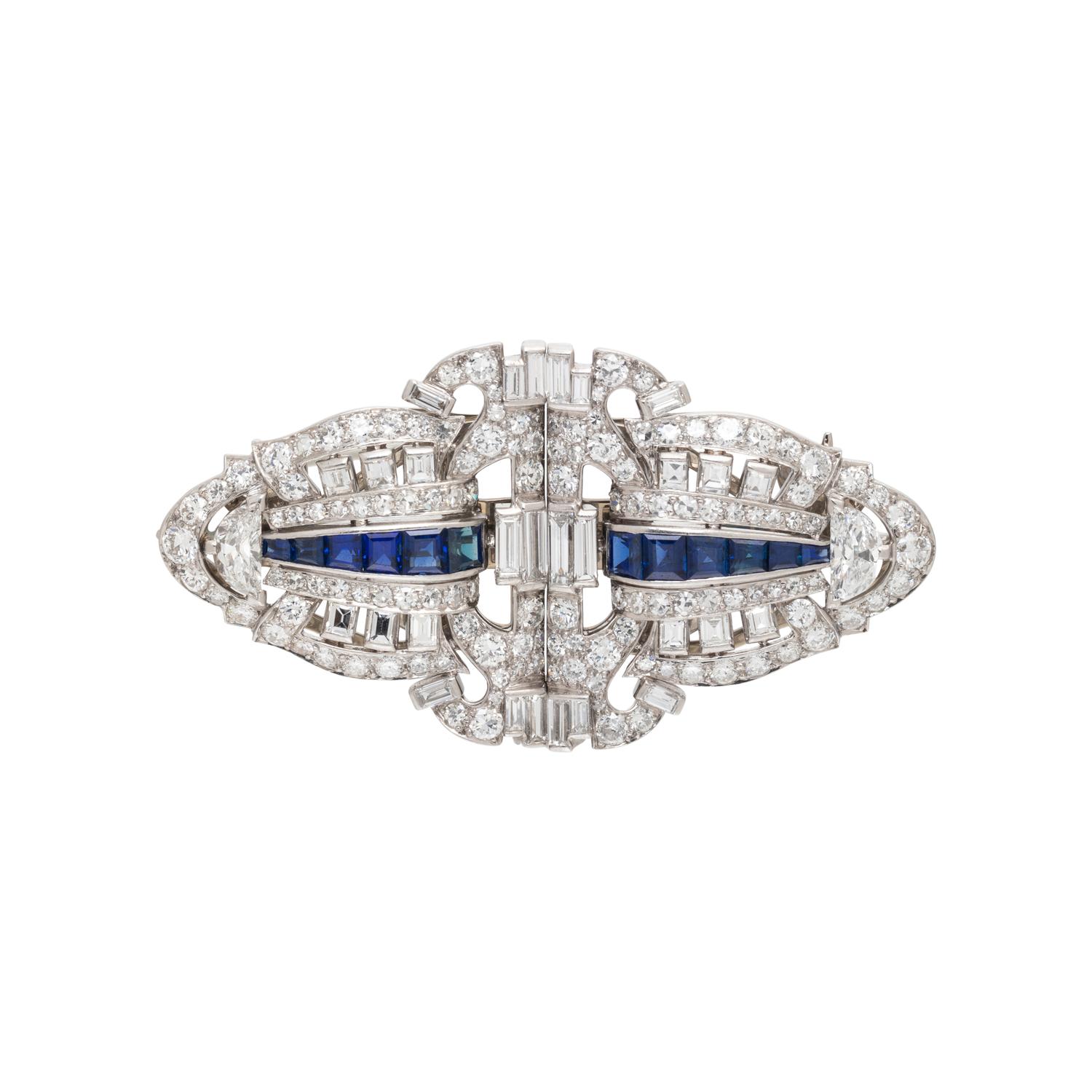 ART DECO, DIAMOND AND SAPPHIRE DOUBLE CLIP BROOCH
