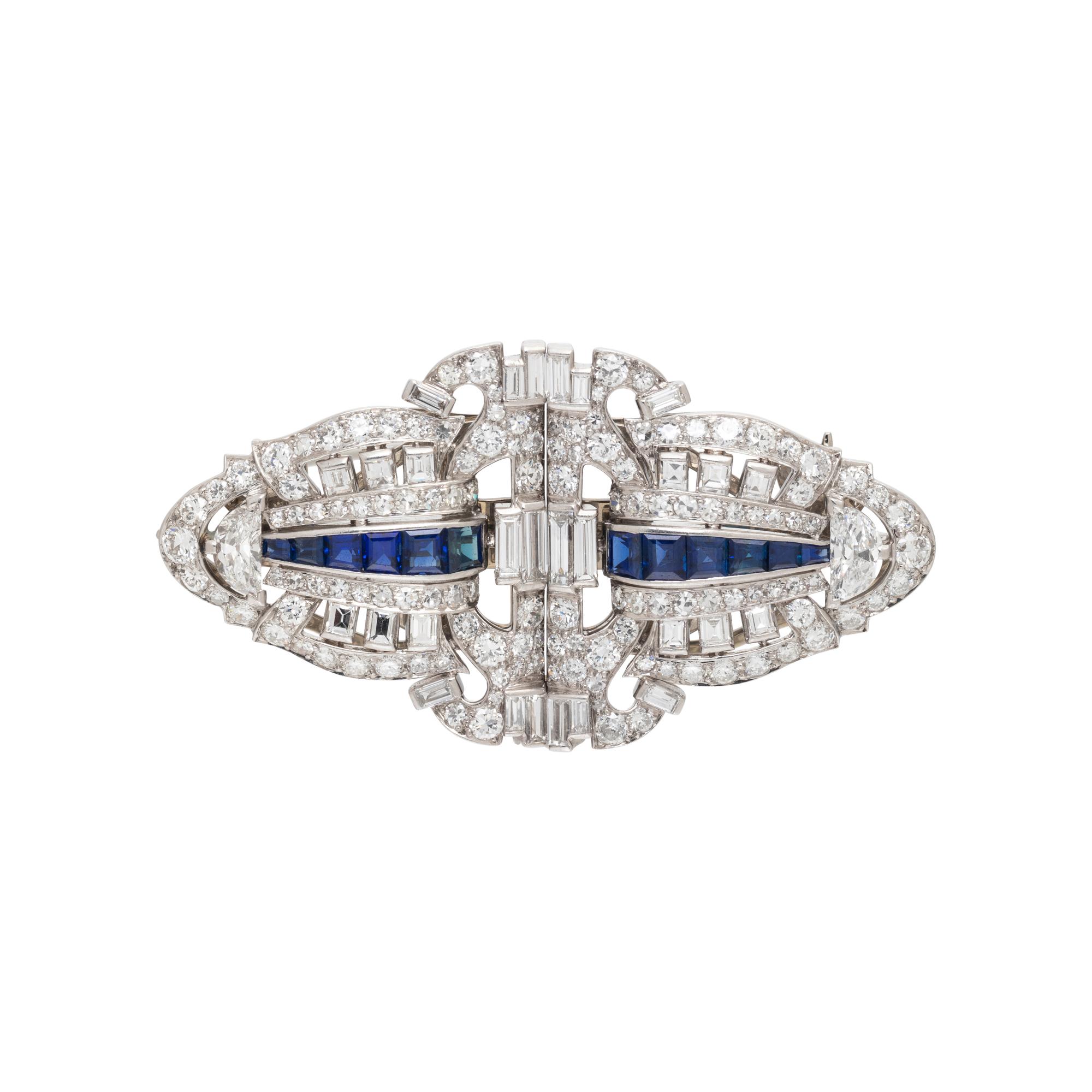 ART DECO, DIAMOND AND SAPPHIRE DOUBLE CLIP BROOCH