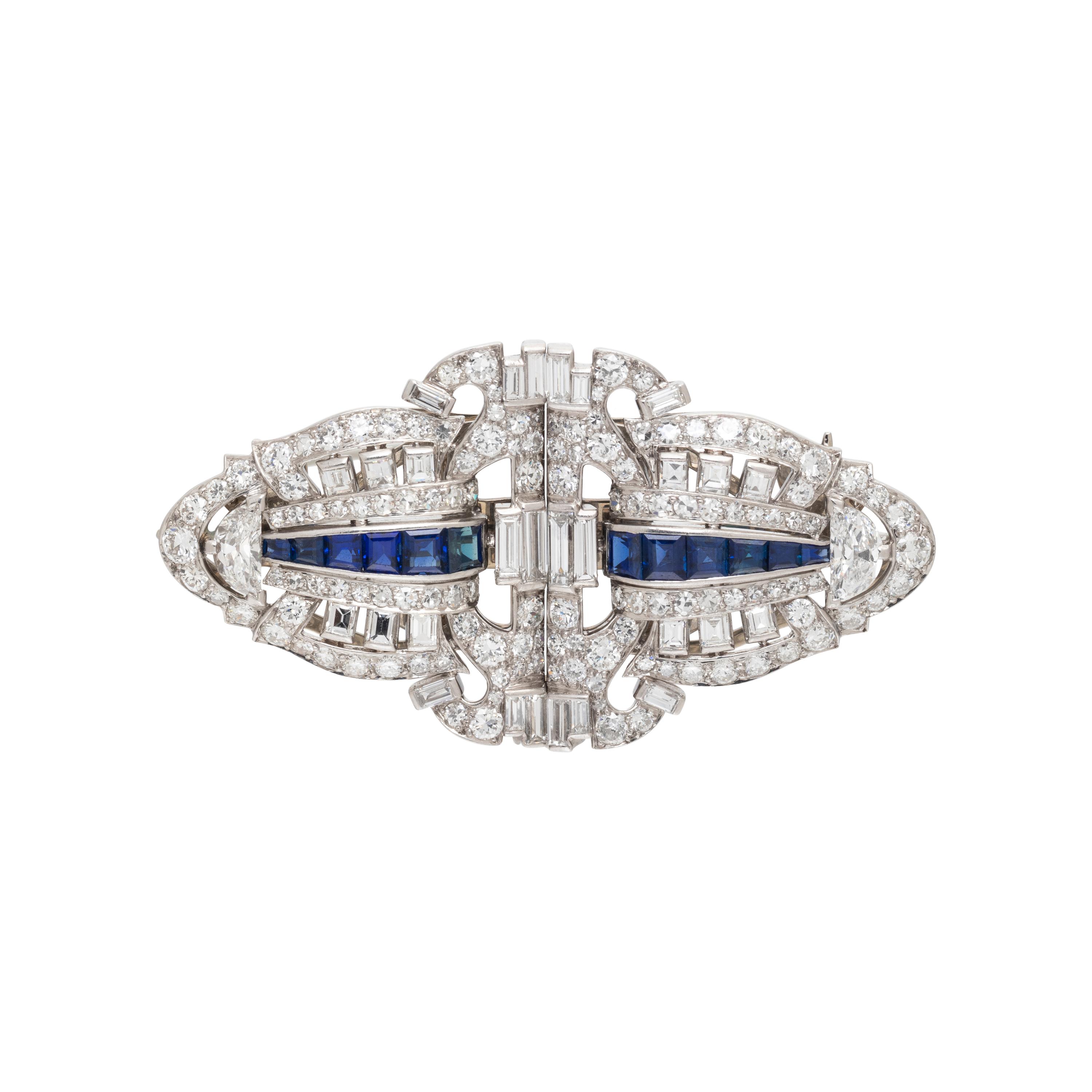 ART DECO, DIAMOND AND SAPPHIRE DOUBLE CLIP BROOCH