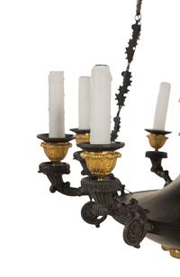 A Restauration Gilt and Patinated Bronze Nine-Light Chandelier