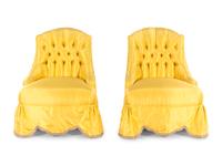 A Pair of Yellow Silk Button Tufted Slipper Chairs