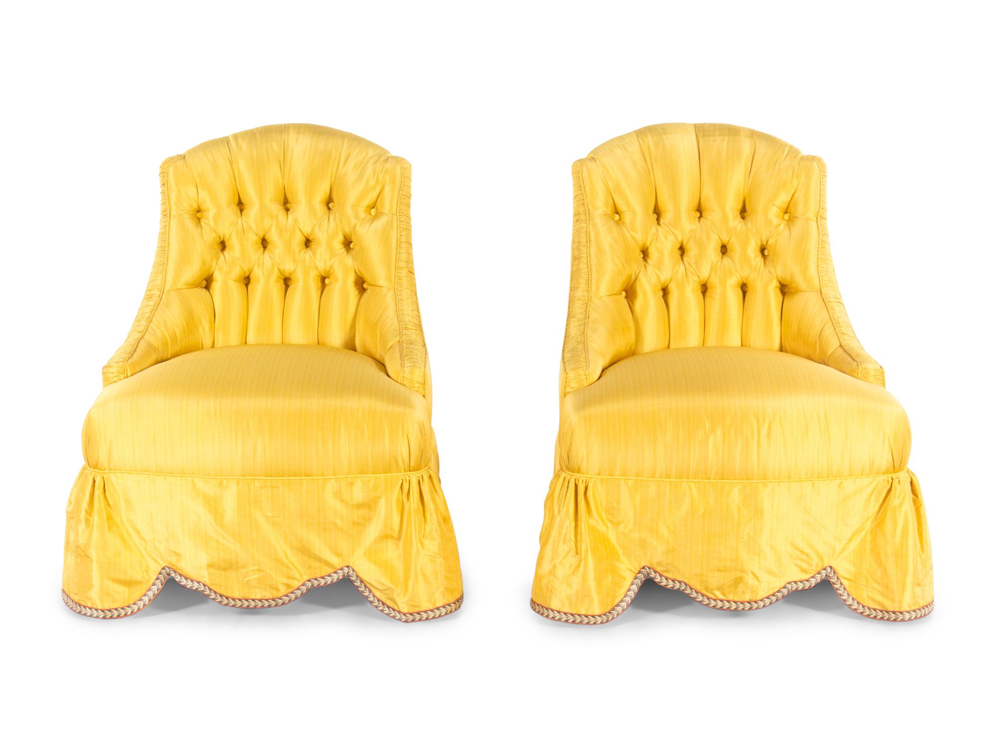 A Pair of Yellow Silk Button Tufted Slipper Chairs