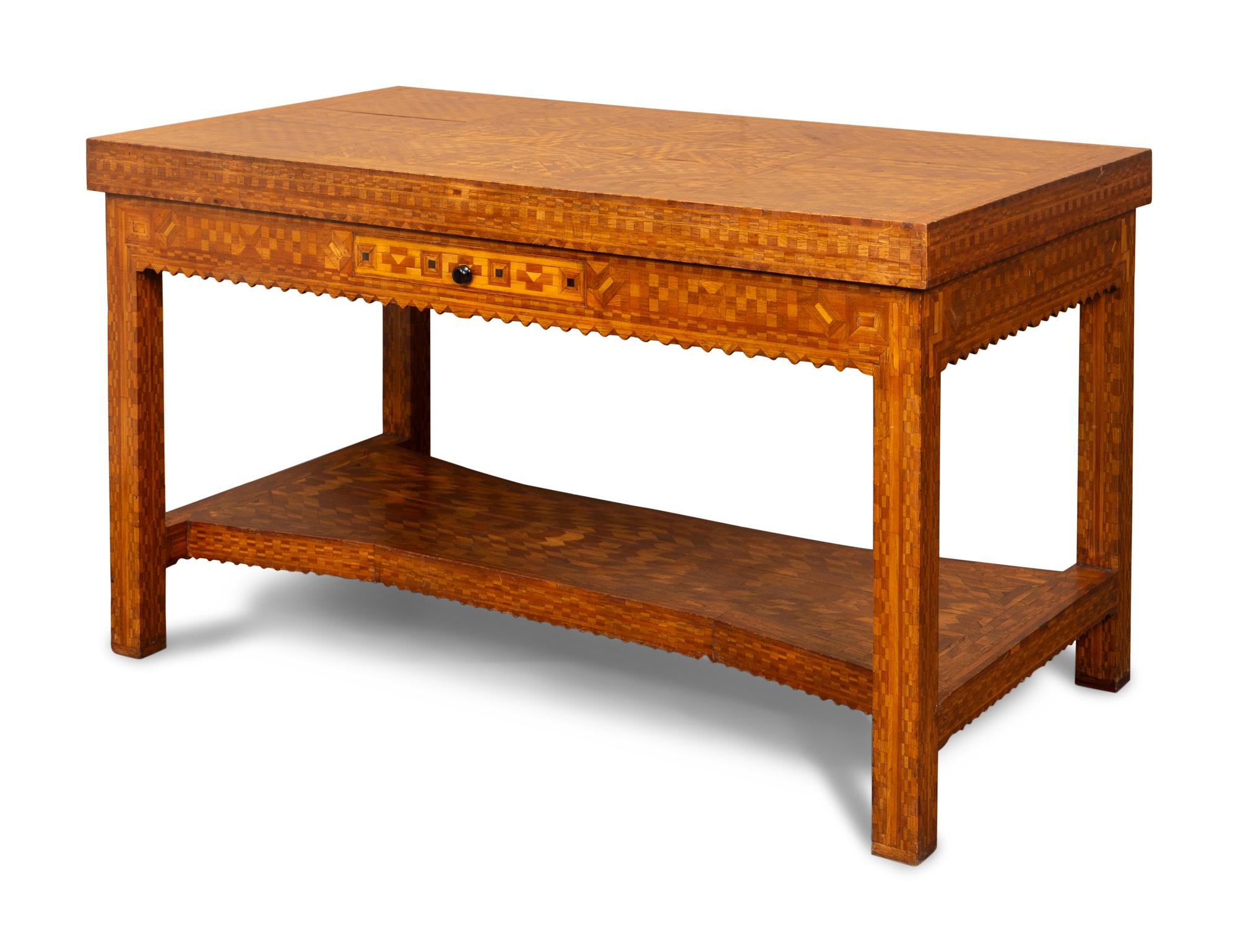 A Fine Tramp Art Parquetry Library Table and Book, Tramp Art: One Notch at a Time by Clifford Wallach
