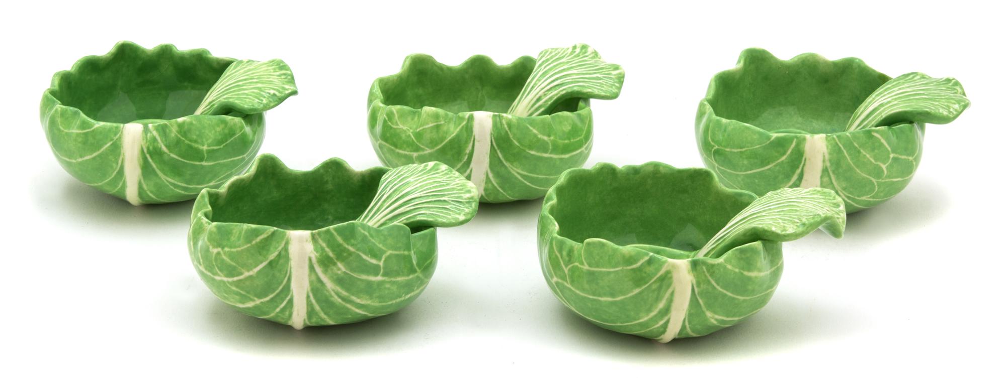 Five Dodie Thayer Lettuce Ware Open Salts with Spoons Diameter 3 inches. — 20TH CENTURY