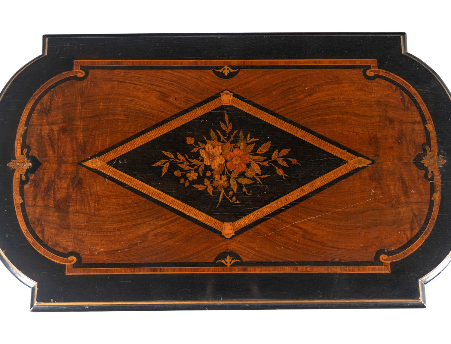 An Aesthetic Movement Part-Ebonized Walnut and Marquetry Side Table