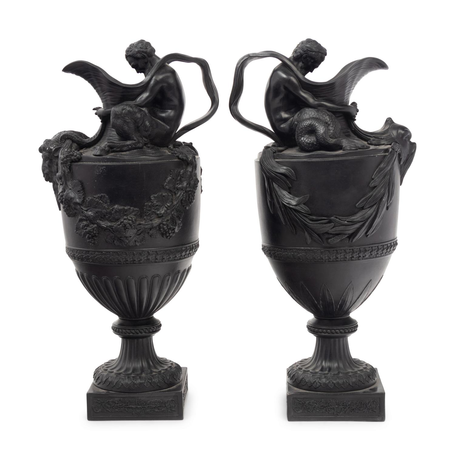 A Pair of Wedgwood Basalt Ewers Emblematic of Water and Wine