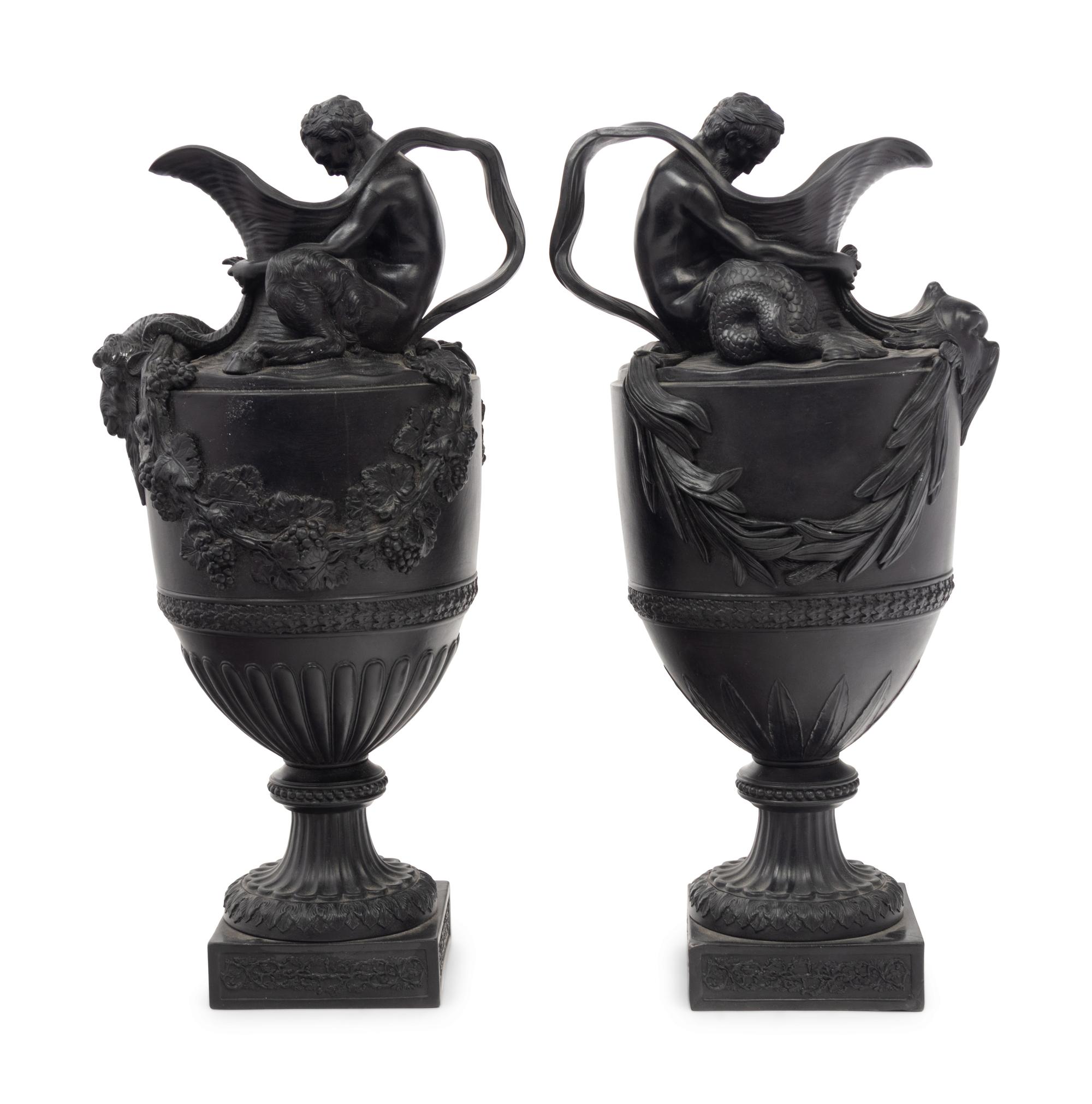 A Pair of Wedgwood Basalt Ewers Emblematic of Water and Wine