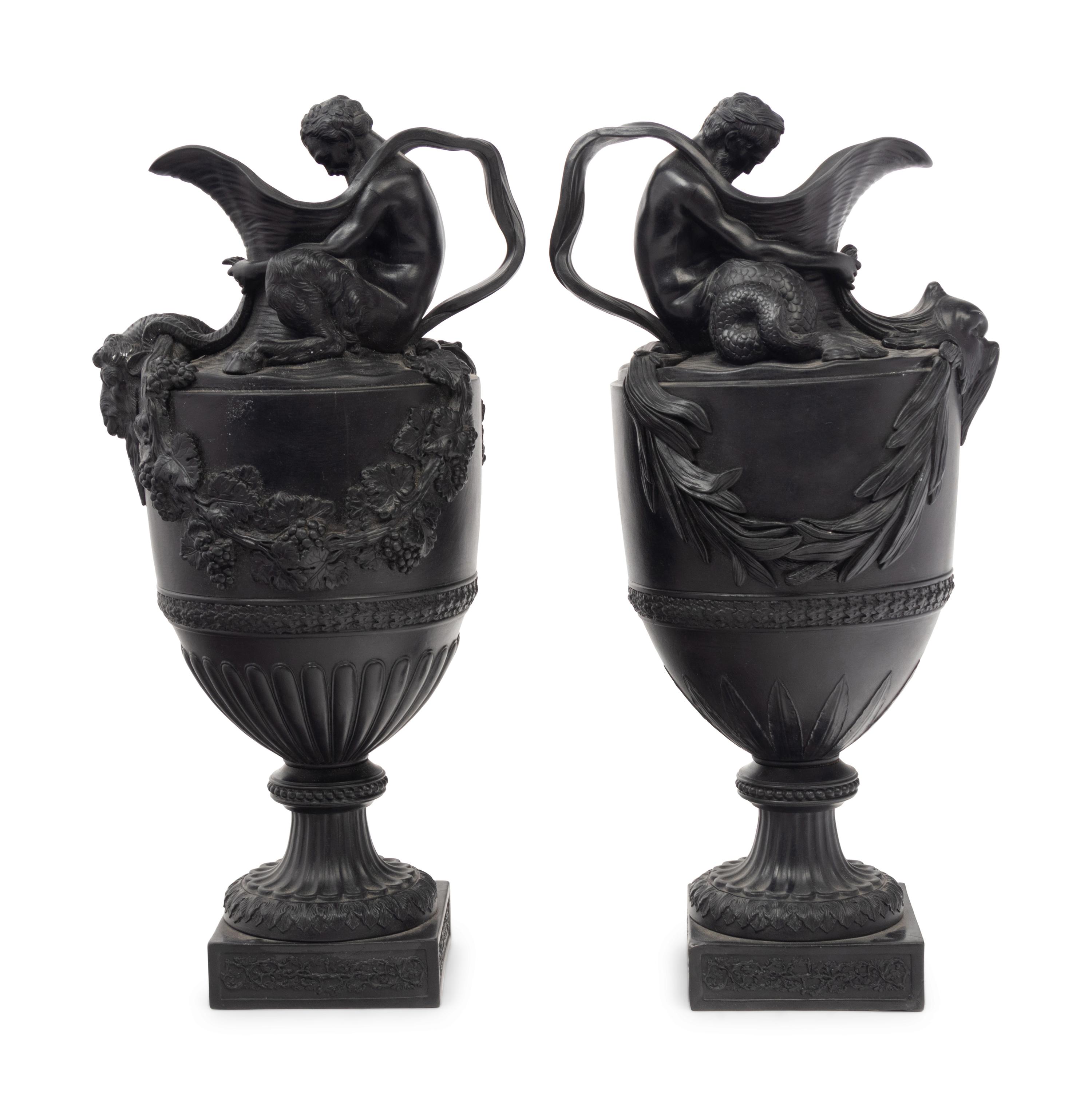 A Pair of Wedgwood Basalt Ewers Emblematic of Water and Wine