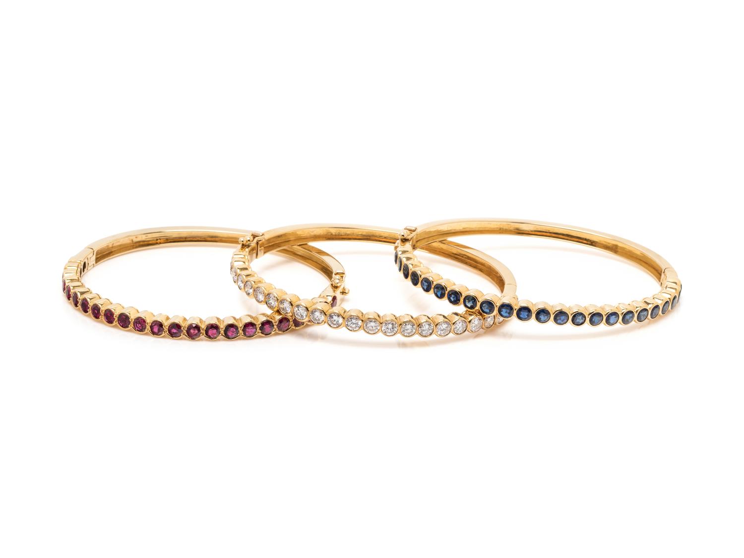 DIAMOND, SAPPHIRE AND RUBY BANGLE BRACELET SET