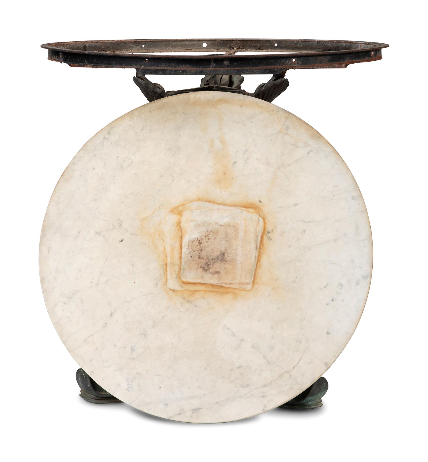 A Grotto Style Marble Inset Cast Iron and Bronze Dolphin-Base Pedestal Table