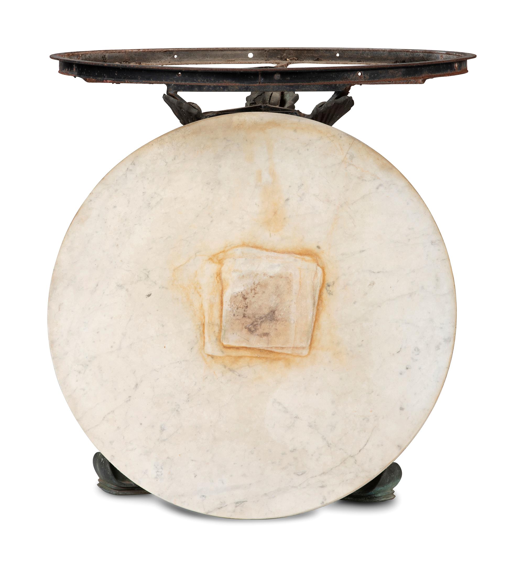 A Grotto Style Marble Inset Cast Iron and Bronze Dolphin-Base Pedestal Table